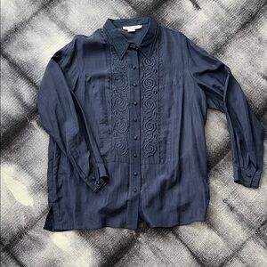 Monsoon Navy Blue Silk Shirt with Floral Embroidery, L